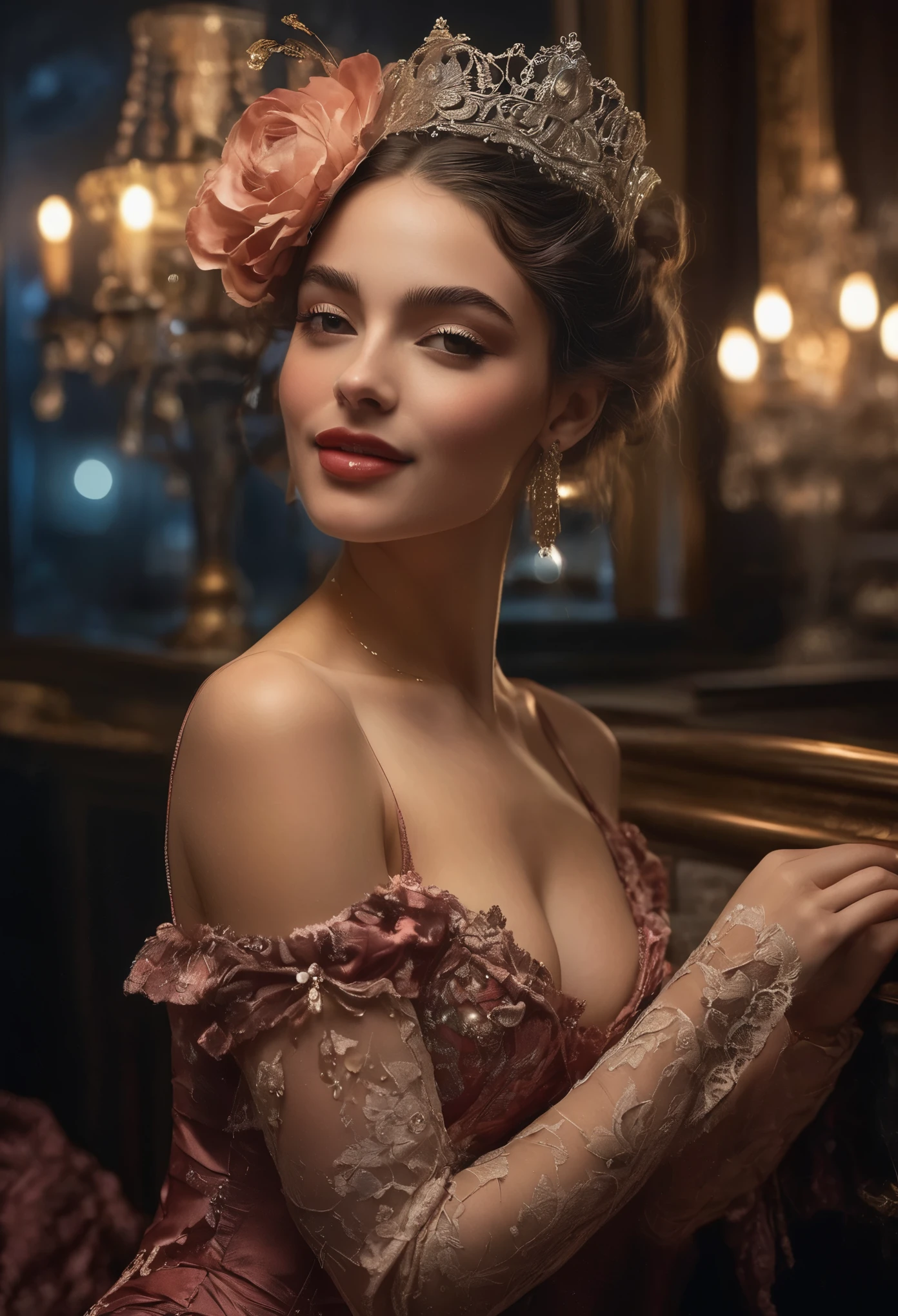 (highres,masterpiece:1.2),(realistic:1.37)"(best quality, highres, ultra-detailed, realistic) the dimly lit ambiance of 19th-century Paris, amidst the swirling smoke of cigars and the dulcet tones of live music, there stands a captivating figure—a 17-year-old cabaret dancer. Her portrait exudes an aura of allure and elegance, capturing the essence of a bygone era.

With an enigmatic smile playing upon her lips, she gazes into the distance with eyes that sparkle like diamonds, reflecting the flickering candlelight. Her delicate features are framed by cascades of ebony curls, styled in the fashion of the times, adorned with a single, crimson rose nestled amidst the dark waves.

Draped in silken fabrics that seem to shimmer with every graceful movement, she embodies both youth and sophistication. The curves of her slender frame are accentuated by the intricate lace and satin of her costume, a testament to the meticulous craftsmanship of Parisian couture.

In her poised stance, there is a hint of defiance mingled with vulnerability—a young woman navigating the complexities of life in the bustling metropolis. Yet, beneath the surface, lies a spirit untamed, a spirit that finds freedom in the rhythm of the dance, and solace in the whispered secrets of the night.

Captured in brushstrokes that evoke the romance and mystique of Parisian cabaret culture, this portrait immortalizes a fleeting moment of youth and beauty—a testament to the timeless allure of the belle époque.





