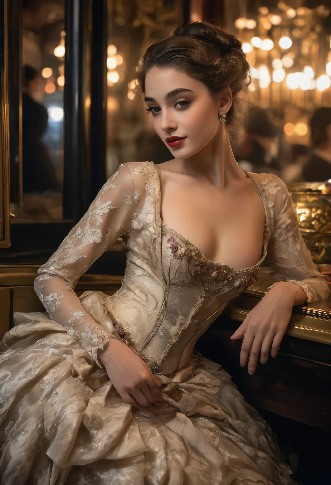 (highres,masterpiece:1.2),(realistic:1.37)"(best quality, highres, ultra-detailed, realistic) the dimly lit ambiance of 19th-century Paris, amidst the swirling smoke of cigars and the dulcet tones of live music, there stands a captivating figure—a 17-year-old cabaret dancer. Her portrait exudes an aura of allure and elegance, capturing the essence of a bygone era.

With an enigmatic smile playing upon her lips, she gazes into the distance with eyes that sparkle like diamonds, reflecting the flickering candlelight. Her delicate features are framed by cascades of ebony curls, styled in the fashion of the times, adorned with a single, crimson rose nestled amidst the dark waves.

Draped in silken fabrics that seem to shimmer with every graceful movement, she embodies both youth and sophistication. The curves of her slender frame are accentuated by the intricate lace and satin of her costume, a testament to the meticulous craftsmanship of Parisian couture.

In her poised stance, there is a hint of defiance mingled with vulnerability—a young woman navigating the complexities of life in the bustling metropolis. Yet, beneath the surface, lies a spirit untamed, a spirit that finds freedom in the rhythm of the dance, and solace in the whispered secrets of the night.

Captured in brushstrokes that evoke the romance and mystique of Parisian cabaret culture, this portrait immortalizes a fleeting moment of youth and beauty—a testament to the timeless allure of the belle époque.





