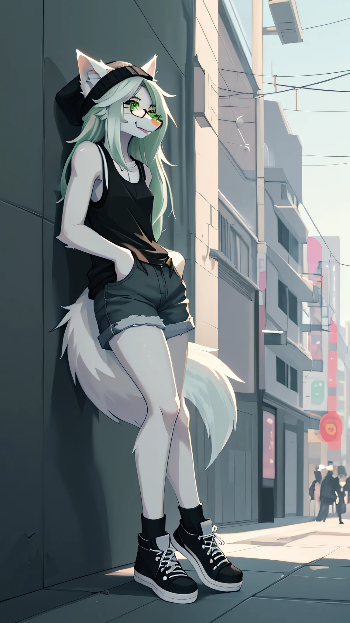 Solo:1.2, By claweddrip, by hyattlen, by fumiko, a cute female gray wolf, long hair, white green hair, green eyes, long white whiskers, cute gray tabby wolf ears, gray tabby wolf tail, tall, slender, wearing Jean shorts, absolute territory, scuffed black converse shoes, green tank top, hands in pockets, black beanie, large round clear glasses, high quality, fluffy ear tips, looking_away:1.3, leaning on a wall, in a vibrant city street, smiling, wolf teeth, full body in frame