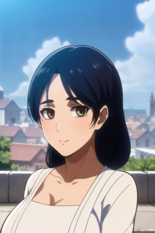 (day:1.7), a city with a lot of buildings and a sky background with clouds in the background and a blue sky, architecture,
Standing at attention, at the roof,
deep cleavage, collarbone, White apron,bare shoulders,
black Hair, brown eyes, Bangs, single braid,
1 girl, 20yo,Young female,Beautiful Finger,Beautiful long legs,Beautiful body,Beautiful Nose,Beautiful character design, perfect eyes, perfect face,expressive eyes,
looking at viewer, in the center of the image,(Upper_body),(close-Up),(Focus on her face),
official art,extremely detailed CG unity 8k wallpaper, perfect lighting,Colorful, Bright_Front_face_Lighting,shiny skin,
(masterpiece:1.0),(best_quality:1.0), ultra high res,4K,ultra-detailed,
photography, 8K, HDR, highres, absurdres:1.2, Kodak portra 400, film grain, blurry background, bokeh:1.2, lens flare, (vibrant_color:1.2)
(Beautiful,large_Breasts:1.4), (beautiful_face:1.5),(narrow_waist),