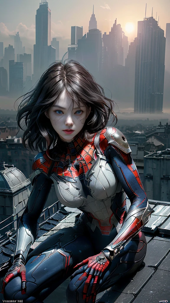 (1 Girl:1.3), Solitary, (((Very Delicate face)))), ((The eyes and face are very detailed)))), Beautiful eye details, body parts__, official art, Unified 8K wallpaper, Ultra Detailed, fair and fair, fair, masterpiece, best quality, The original, masterpiece, Ultra-detailed photos, best quality, Ultra-high resolution, realism, Sunlight, Full body portrait, amazing beauty, Dynamic poses, Delicate face, Vibrant eyes, (From the front), She&#39;s wearing a Spider-Man suit, Red and black color scheme, , 非常详细的城市roof背景, roof, Overlooking the city, Delicate face, Detailed complex busy background, messy, Gorgeous, milky, Very delicate skin, Realistic skin details, Visible pores, Be focused, Volumetric Fog, 8k ultra high definition, DSLR camera, high quality, Film Grain, White skin, Photorealism, Rama Photography, Future dystopian metropolis, translucent