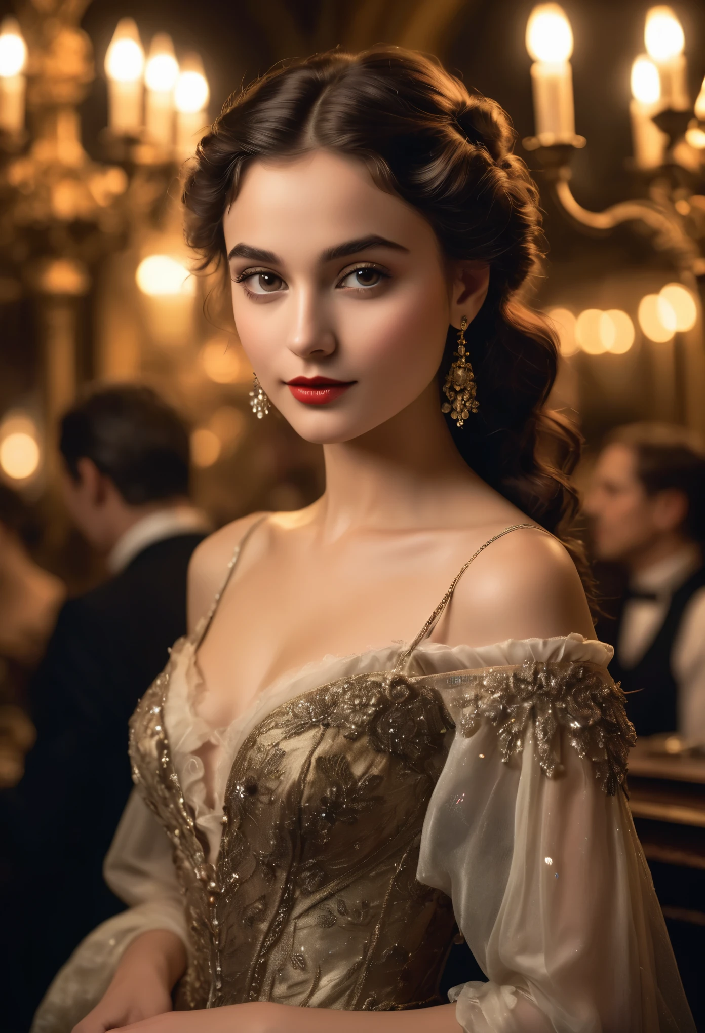 (highres,masterpiece:1.2),(realistic:1.37)"(best quality, highres, ultra-detailed, realistic) the dimly lit ambiance of 19th-century Paris, amidst the swirling smoke of cigars and the dulcet tones of live music, there stands a captivating figure—a 17-year-old cabaret dancer. Her portrait exudes an aura of allure and elegance, capturing the essence of a bygone era.

With an enigmatic smile playing upon her lips, she gazes into the distance with eyes that sparkle like diamonds, reflecting the flickering candlelight. Her delicate features are framed by cascades of ebony curls, styled in the fashion of the times, adorned with a single, crimson rose nestled amidst the dark waves.

Draped in silken fabrics that seem to shimmer with every graceful movement, she embodies both youth and sophistication. The curves of her slender frame are accentuated by the intricate lace and satin of her costume, a testament to the meticulous craftsmanship of Parisian couture.

In her poised stance, there is a hint of defiance mingled with vulnerability—a young woman navigating the complexities of life in the bustling metropolis. Yet, beneath the surface, lies a spirit untamed, a spirit that finds freedom in the rhythm of the dance, and solace in the whispered secrets of the night.

Captured in brushstrokes that evoke the romance and mystique of Parisian cabaret culture, this portrait immortalizes a fleeting moment of youth and beauty—a testament to the timeless allure of the belle époque.





