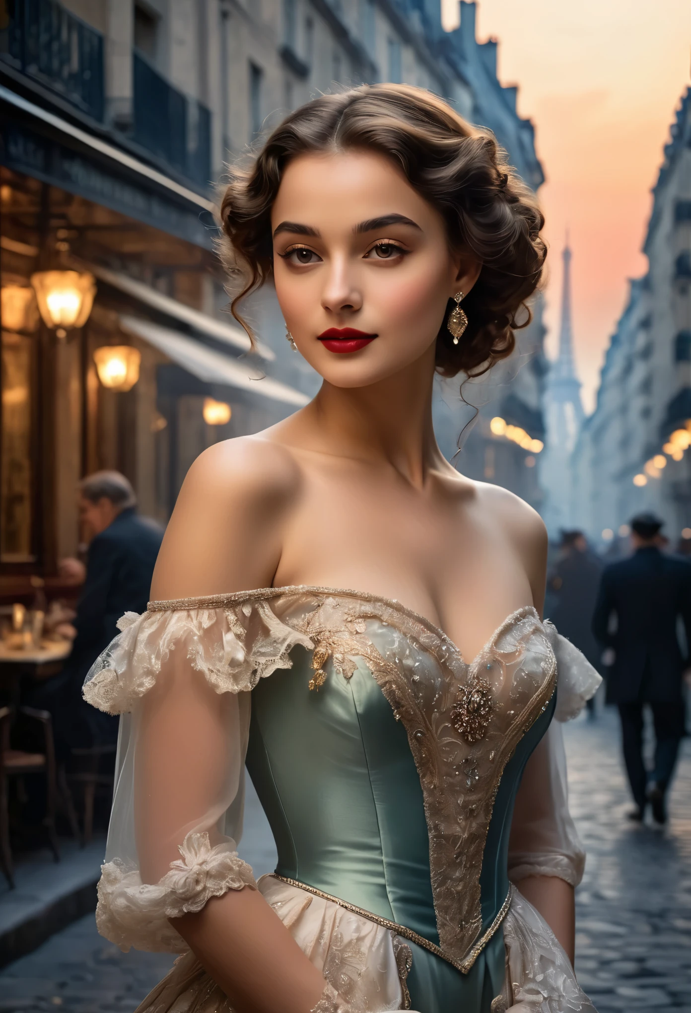 (highres,masterpiece:1.2),(realistic:1.37)"(best quality, highres, ultra-detailed, realistic) the dimly lit ambiance of 19th-century Paris, amidst the swirling smoke of cigars and the dulcet tones of live music, there stands a captivating figure—a -yeld caet dancer. Her portrait exudes an aura of allure and elegance, capturing the essence of a bygone era.

With an enigmatic smile playing upon her lips, she gazes into the distance with eyes that sparkle like diamonds, reflecting the flickering candlelight. Her delicate features are framed by cascades of ebony curls, styled in the fashion of the times, adorned with a single, crimson rose nestled amidst the dark waves.

Draped in silken fabrics that seem to shimmer with every graceful movement, she embodies both youth and sophistication. The curves of her slender frame are accentuated by the intricate lace and satin of her costume, a testament to the meticulous craftsmanship of Parisian couture.

In her poised stance, there is a hint of defiance mingled with vulnerability—a young woman navigating the complexities of life in the bustling metropolis. Yet, beneath the surface, lies a spirit untamed, a spirit that finds freedom in the rhythm of the dance, and solace in the whispered secrets of the night.

Captured in brushstrokes that evoke the romance and mystique of Parisian cabaret culture, this portrait immortalizes a fleeting moment of youth and beauty—a testament to the timeless allure of the belle époque.





