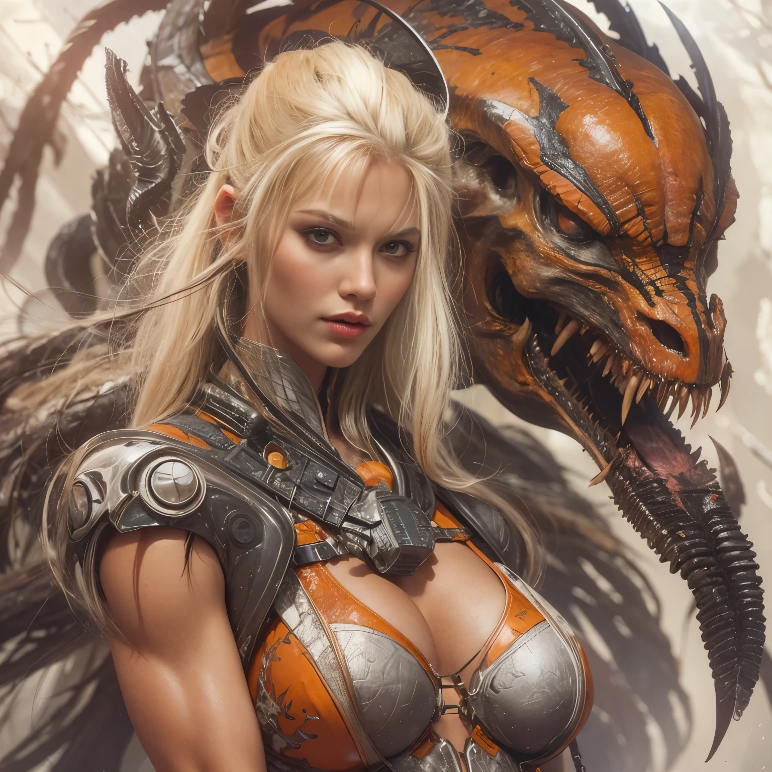 1 female alien, The predator, warrior, (extremely beautiful:1.2), (intense gaze:1.4), (predator:1.1), long dark claws, NSFW, nipples, thick eyebrows, glowing and shining orange eyes, the most beautiful face in the universe, platinum blonde,
A woman with an extremely beautiful face, her intense gaze fixed on her prey, a primal force that could not be denied.
(extreamly beautiful lean body:1.5), (ultra muscular build:1.2), (prowling:1.3), (sleek movements:1.4),
Her beautiful body, muscular and toned, moved with sleek grace as she prowled, ready to strike at a moment's notice. The predator within her was always on