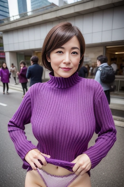 35 years old、Mature and attractive female breasts、knitting、on the street、The sweater on my top is torn,Purple underwear(Ultra-high quality)((top quality))