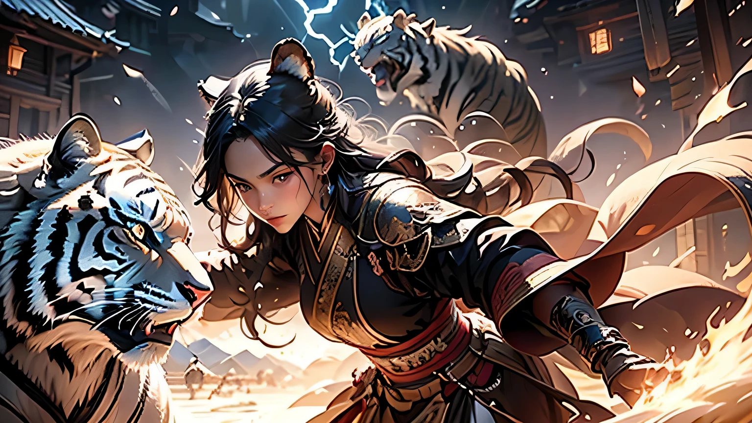 (Mountains)，magical scene,in the sky，magical，Magical，There is a young woman fighting a man with a tiger&#39;s head，Lightning surrounds，The battle was fierce，Hanfu，Black long hair，White clothes，magic