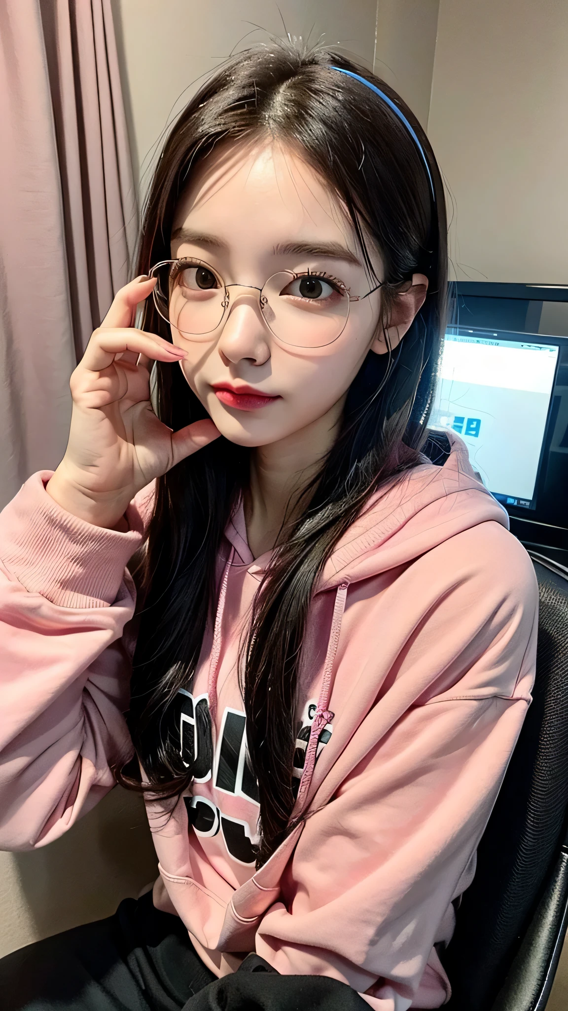 Best quality: 1.4, high resolution, perfect lighting, (1 girl), 20 years old, has long eyelashes, glasses, pink hoodie, headphones, game controller