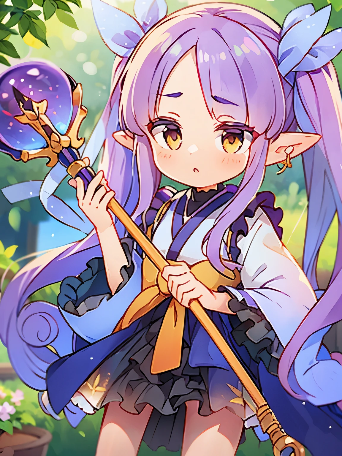 Light purple hair, Center-parted bangs, Big yellow eyes, Chibi,Pointy Ears,blue hair ornament,