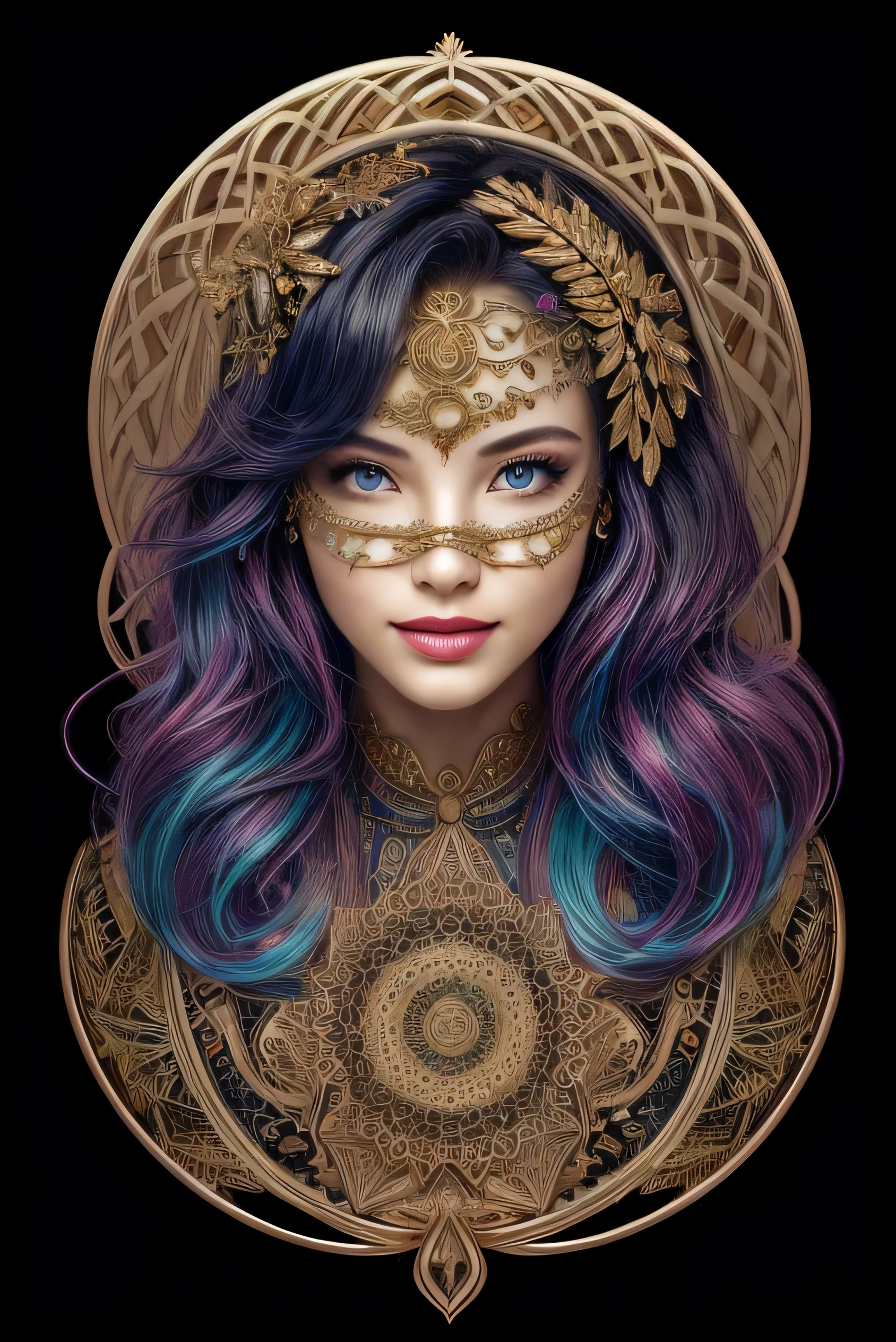 A woman with blue hair and a gold headpiece with a flower on it - SeaArt AI