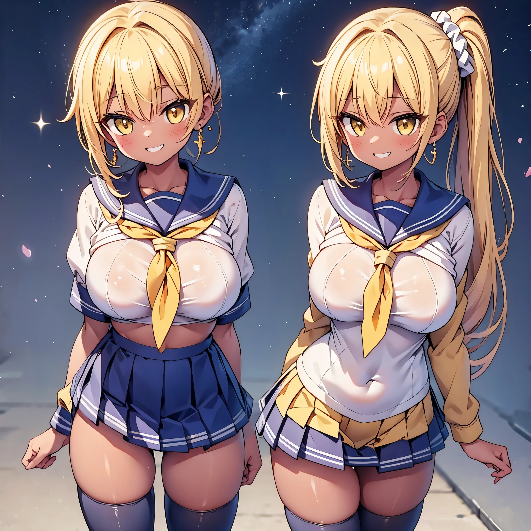 highest quality,wonderful,finely,extremely detailed CG Unity 8K wallpaper, (1 Girl,blonde, Yellow Eyes, Low Ponytail, Scrunchie, Earrings、Wicked Smile), (Grin:1.1), ((Brown Skin:1.2), (huge breasts:1.1),(sailor uniform:1.3), (bra lift:1.2), (zettai ryouiki:1.4)