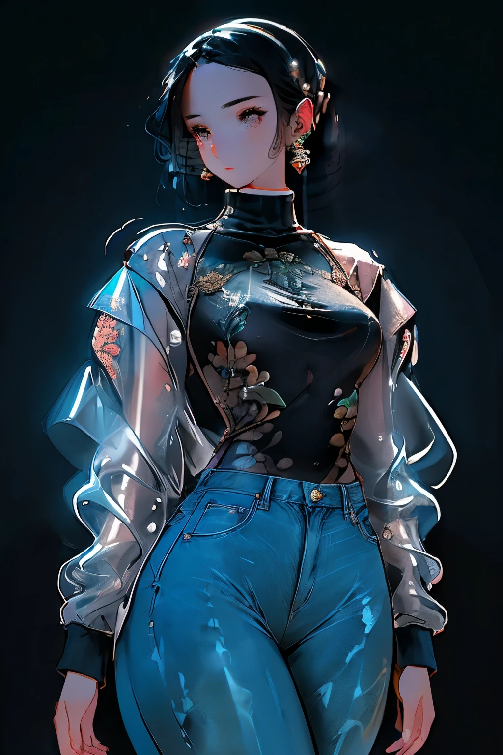 ((melhor qualidade)), ((obra de arte)), (detalhado), rosto perfeito mulher magra com black jeans and a turtleneck sweater. The jacket was a thin black windbreaker