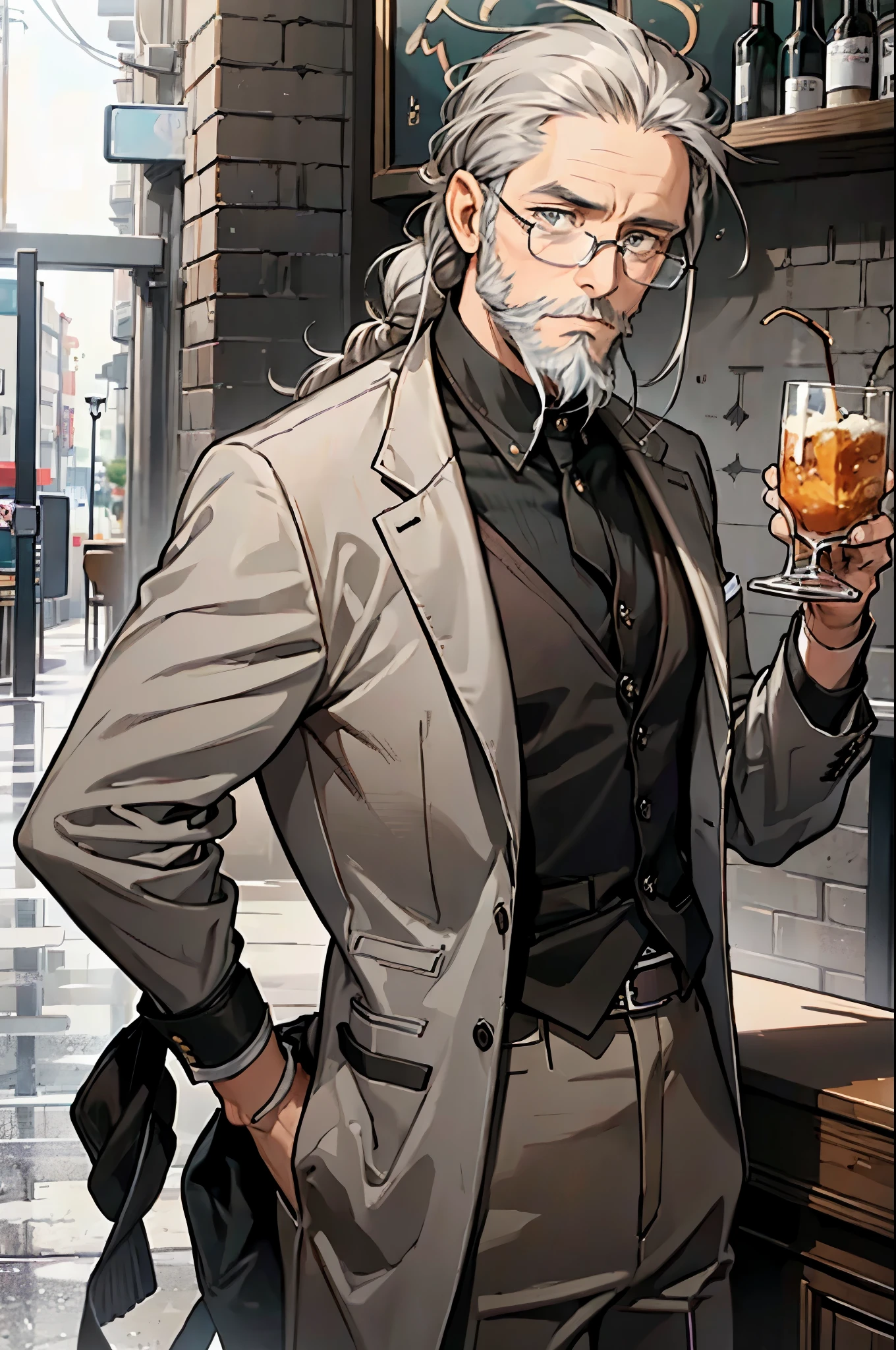 masterpiece , best quality , man , suit , Gray hair , braid hairstyle , gentleman , glasses , (((old man with a beard))) , at the bar , melancholy expression