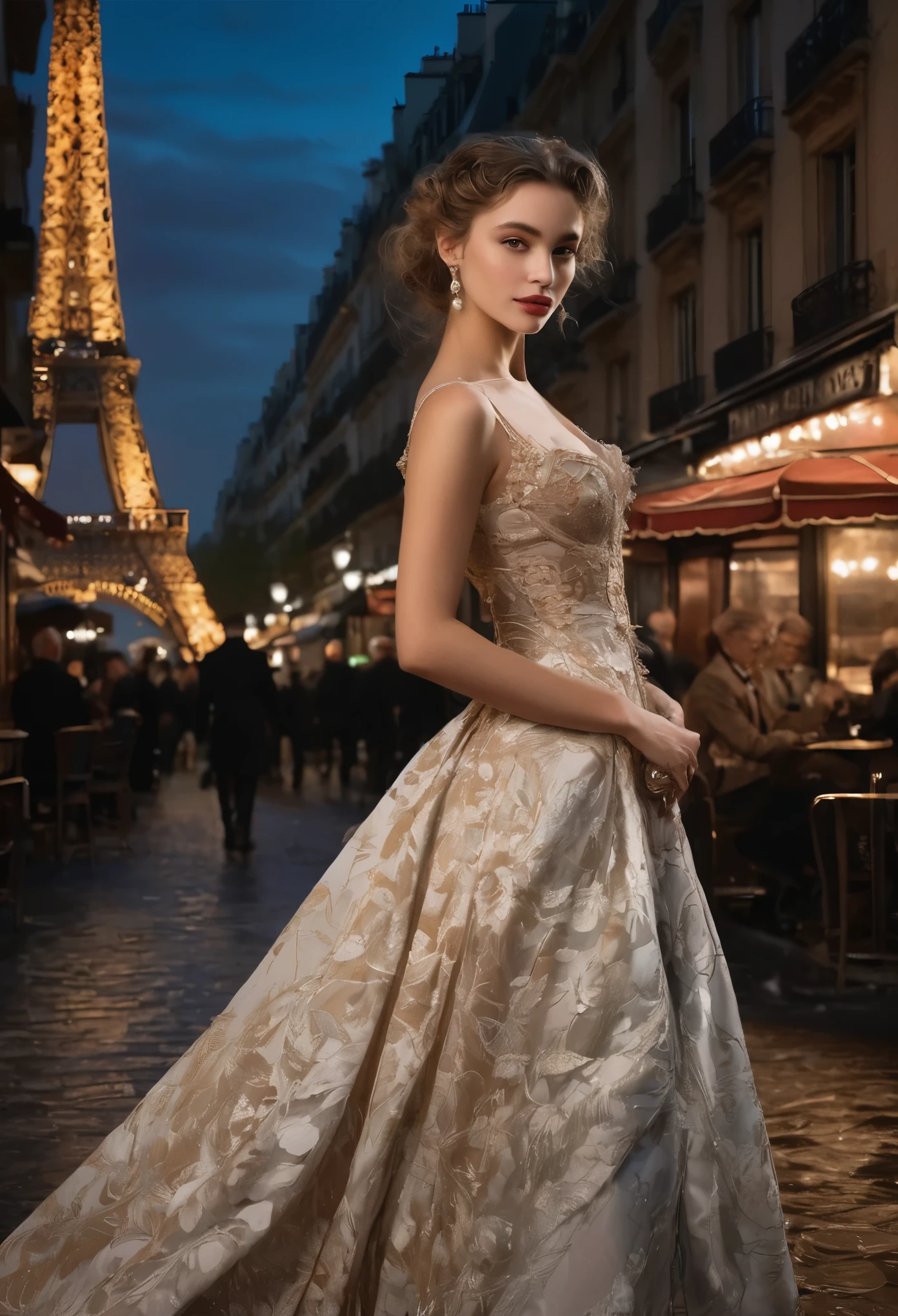 (highres,masterpiece:1.2),(realistic:1.37)"(best quality, highres, ultra-detailed, realistic) the dimly lit ambiance of 19th-century Paris, amidst the swirling smoke of cigars and the dulcet tones of live music, there stands a captivating figure—a 17-year-old cabaret dancer. Her portrait exudes an aura of allure and elegance, capturing the essence of a bygone era.

With an enigmatic smile playing upon her lips, she gazes into the distance with eyes that sparkle like diamonds, reflecting the flickering candlelight. Her delicate features are framed by cascades of ebony curls, styled in the fashion of the times, adorned with a single, crimson rose nestled amidst the dark waves.

Draped in silken fabrics that seem to shimmer with every graceful movement, she embodies both youth and sophistication. The curves of her slender frame are accentuated by the intricate lace and satin of her costume, a testament to the meticulous craftsmanship of Parisian couture.

In her poised stance, there is a hint of defiance mingled with vulnerability—a young woman navigating the complexities of life in the bustling metropolis. Yet, beneath the surface, lies a spirit untamed, a spirit that finds freedom in the rhythm of the dance, and solace in the whispered secrets of the night.

Captured in brushstrokes that evoke the romance and mystique of Parisian cabaret culture, this portrait immortalizes a fleeting moment of youth and beauty—a testament to the timeless allure of the belle époque.





