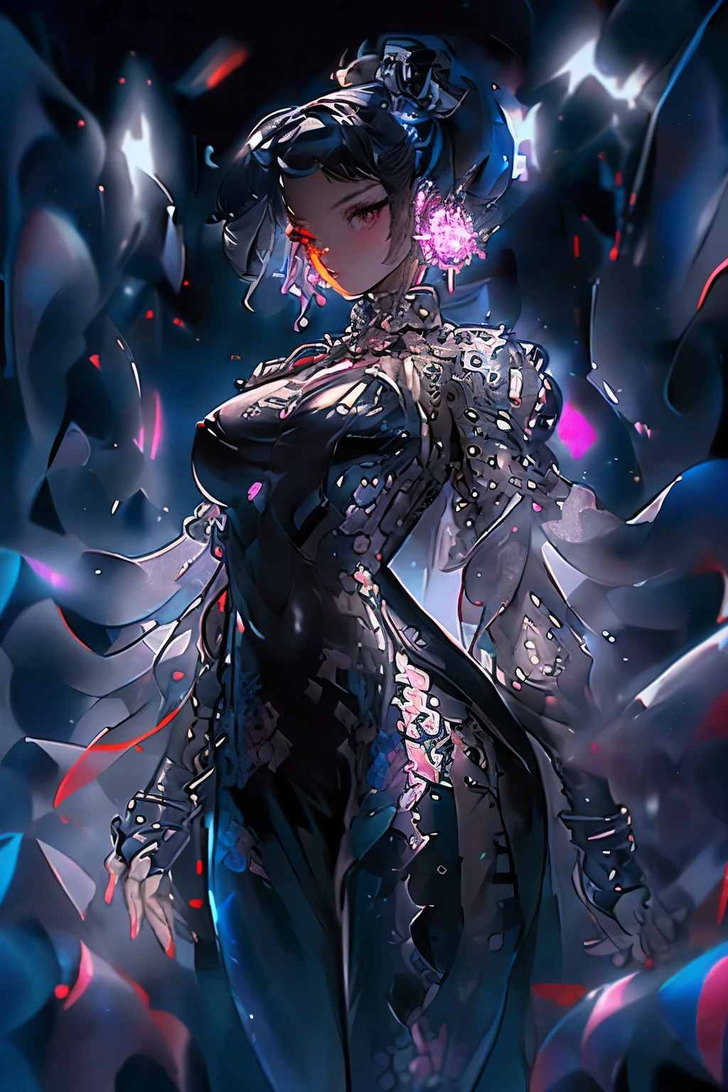 (art, best quality, ultra-detailed, high contrast), 1 woman (Alone, full body, plus size body, standing on the edge of the skyscraper, silver hair, LONG FLOWING HAIR in a ponytail, broken ruby red eyes, (leggings, pleated skirt, sports top, high ponytail, high boots, long fur jacket, black cybernetics with neon pink), detailed face, black transparent tights, ( on a foggy moonlit night in a ghost town, detailed background ()) detailed face, hyper detailed eyes, detailed lips , , with a metal necklace with chain around her neck, lineart, multiple view(1, 2) 