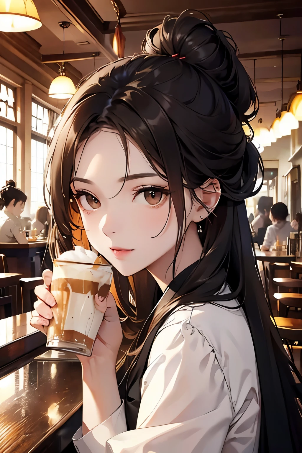 best quality, highres,Slender、Brown eyes、tall、Black Hair、（Forehead Baring:1.7)、(semi-long:1.3),Bun Hair、(Cafe:1.4)、black blouse
