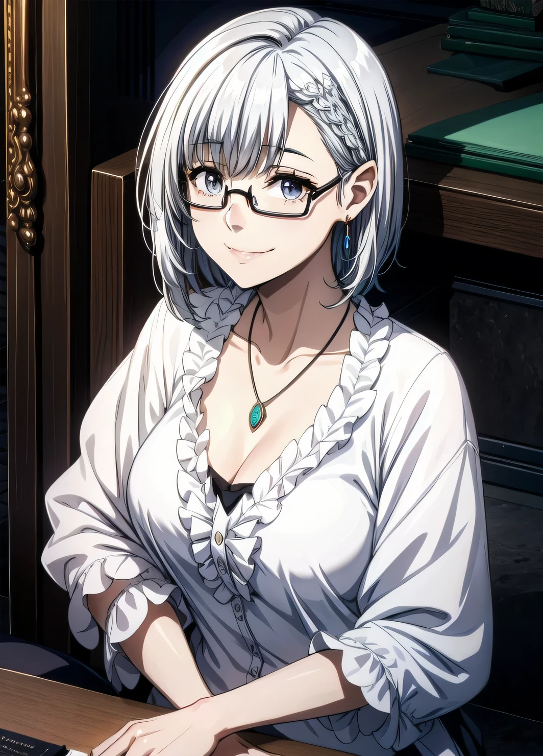 1girl, alternate_costume, bespectacled, closed_mouth, collarbone, glasses, jewelry, necklace, pendant, semi-rimless_eyewear, short_hair, silver_hair, smile, solo, under-rim_eyewear, upper_body,
