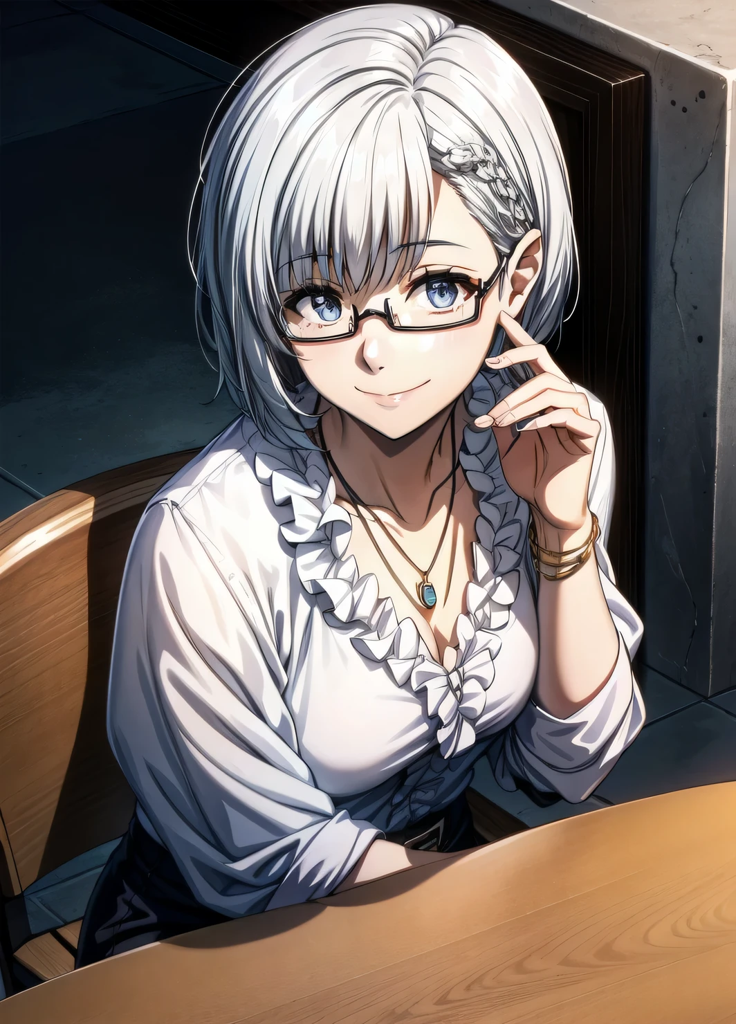 1girl, alternate_costume, bespectacled, closed_mouth, collarbone, glasses, jewelry, necklace, pendant, semi-rimless_eyewear, short_hair, silver_hair, smile, solo, under-rim_eyewear, upper_body,
