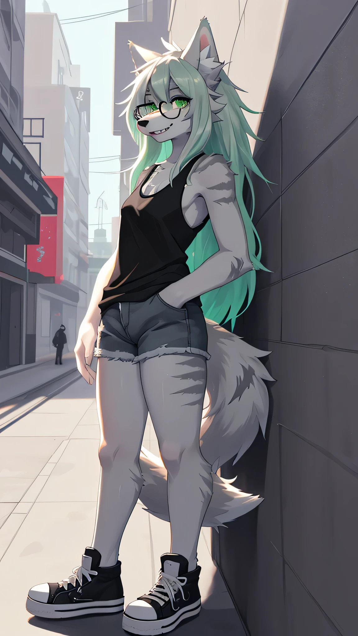 Solo:1.2, By claweddrip, by hyattlen, by fumiko, a cute female gray wolf, long hair, white green hair, green eyes, long white whiskers, cute gray tabby wolf ears, gray tabby wolf tail, tall, slender, wearing Jean shorts, absolute territory, scuffed black converse shoes, green tank top, hands in pockets, large round clear glasses, high quality, fluffy ear tips, looking_away:1.3, leaning on a wall, in a vibrant city street, smiling, wolf teeth, full body in frame