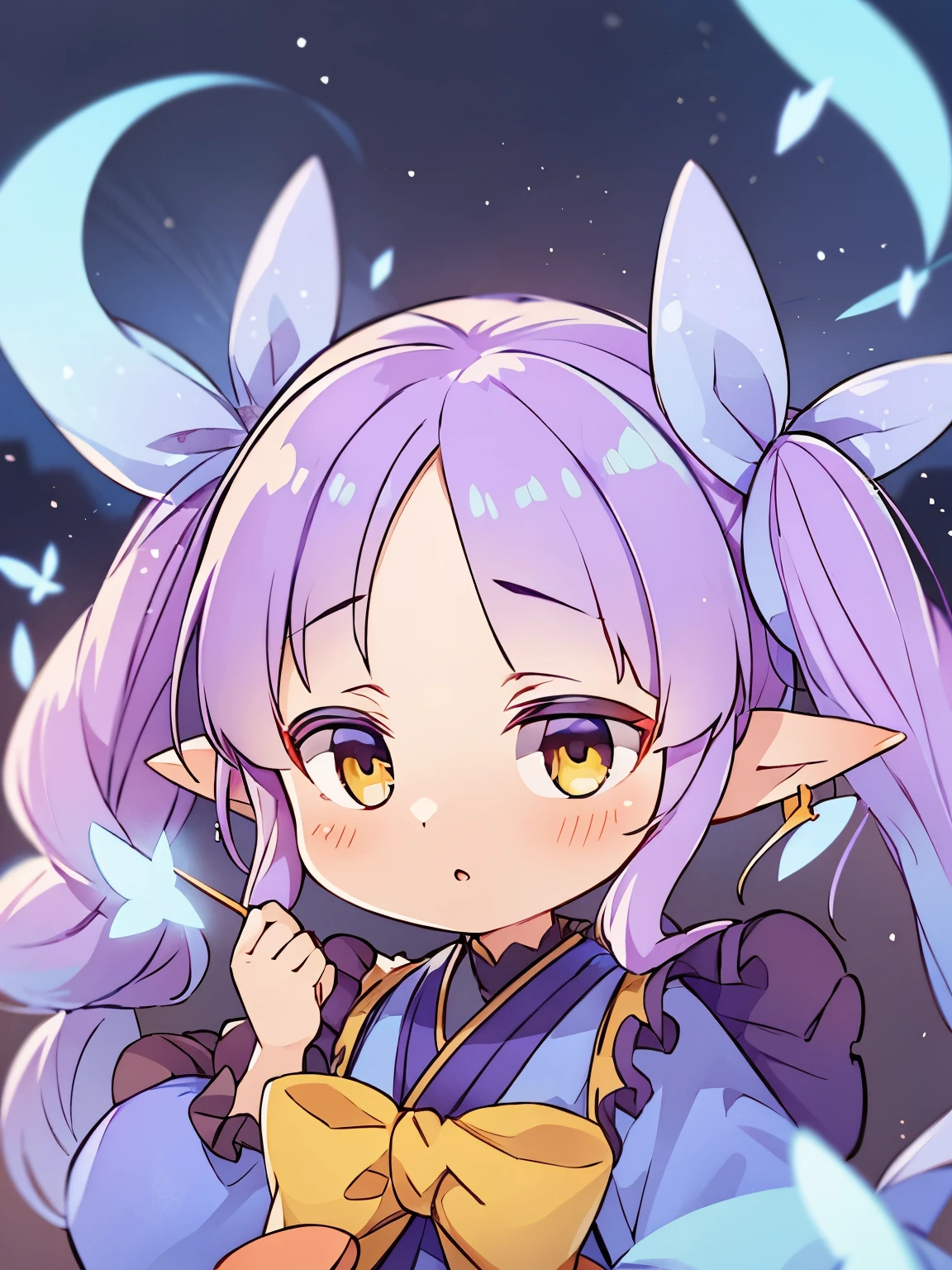 Light purple hair, Center-parted bangs, Big yellow eyes, Chibi,Pointy Ears,blue hair ornament,