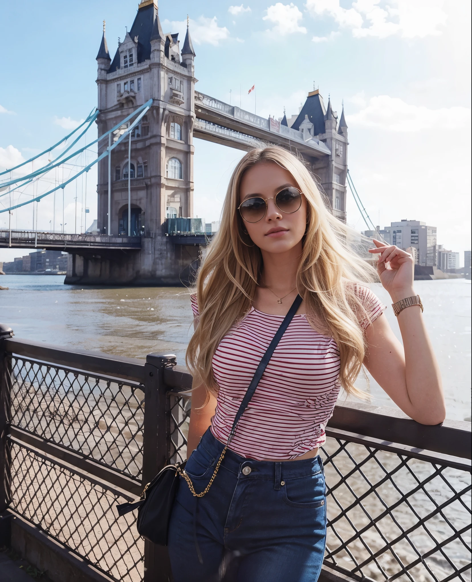 Make blonde Amanda in the same pose wearing an identical outfit in a setting exactly like the one in the photo, cabelo loiro