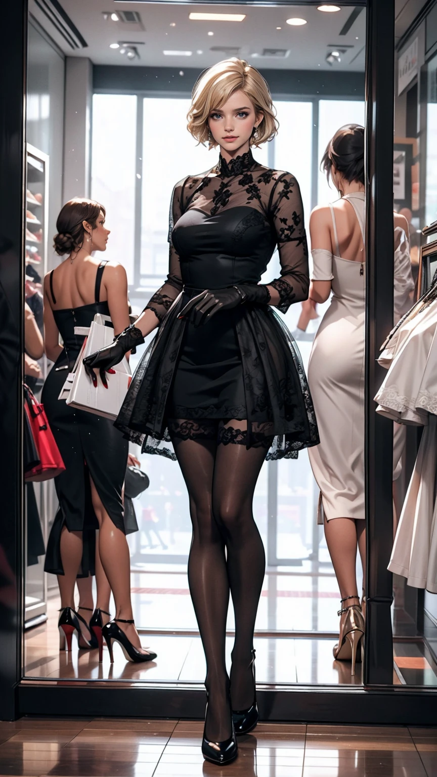 2 heads,Photo of a 50 year old woman with brown hair, captivating gaze, brown eyes, wrinkles on her face, black pantyhose,black high heel boots,she wears very sexy lingerie underwear、、reveals her big saggy breasts, light makeup and red lips. 32K