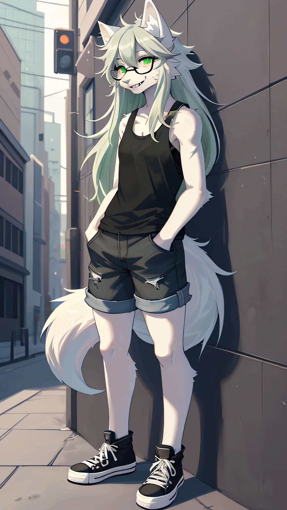 Solo:1.2, By claweddrip, by hyattlen, by fumiko, a cute female gray wolf, long hair, white green hair, green eyes, long white whiskers, cute gray tabby wolf ears, gray tabby wolf tail, tall, slender, wearing Jean shorts, absolute territory, scuffed black converse shoes, green tank top, hands in pockets, large round clear glasses, high quality, fluffy ear tips, looking_away:1.3, leaning on a wall, in a vibrant city street, smiling, wolf teeth, full body in frame