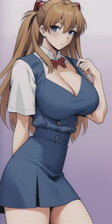 Soro Asuka, huge_breast, permanent, Solitary, White_shirt_blue_pause_skirt_School__Red_ribbon, masterpiece, best quality, Delicate face, Delicate eyes, high resolution,Expose cleavage