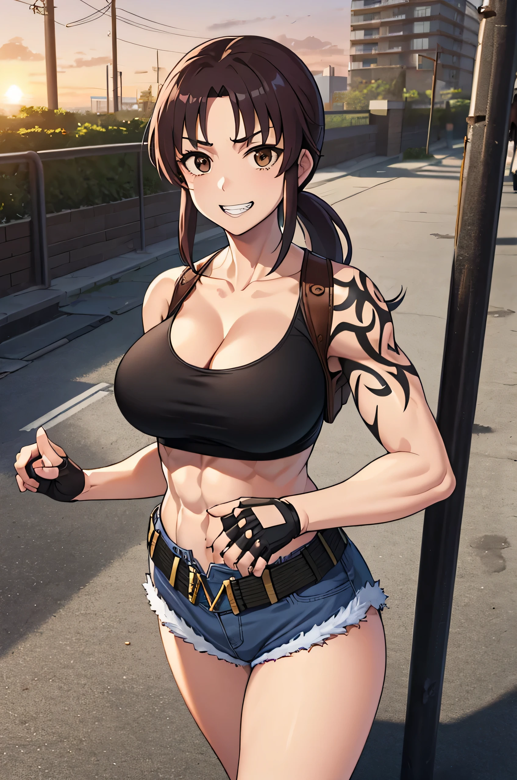 (masterpiece、highest quality:1.2)、solo、Anime Women、revue、Grin、Watching the audience、Are standing、Long brown hair、Brown eyes、ponytail、V-shaped eyebrow hair、Black sports bra、collarbone、Fingerless gloves、Denim shorts、belt、holster、Strong muscles、Big Breasts、woman with very large breasts、cleavage、muscular and strong、Tattoo on the right shoulder、Tall Woman、Toned body、Muscular Woman、Sidewalks in the city、sunset、 