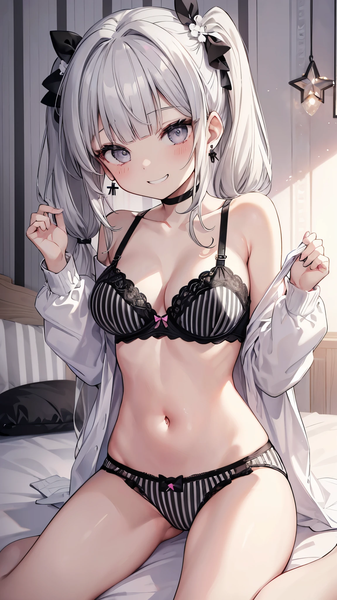 (8K、Highest quality、highest quality、masterpiece)、Detailed face、One girl、 Gray Hair、twintails、blunt bangs、Grey Eyes、Earrings、evil smile、((Grin))、Pink Lipoderate chest、((black and white stripe bra))、((black and white stripe panties))、wariza、On the bed、Bedroom Background