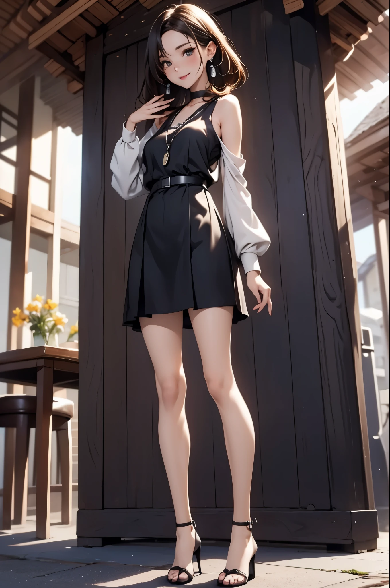 ((Biologically correct number of limbs))、(( Full body photo including face))、4K、Masterpiece、((focus on the face))、((Symmetrical facial features))、Eyes with detailed description、Beautiful woman、Outstanding style、Beautiful arms、Beautiful legs、Beautiful Hands、(slender)、Detailed depiction of faces、Small earrings、necklace、(shiny uniform、shiny skirt、High heels、Glowing Skin)smile、(Beautiful legsのアップ)、Sweat