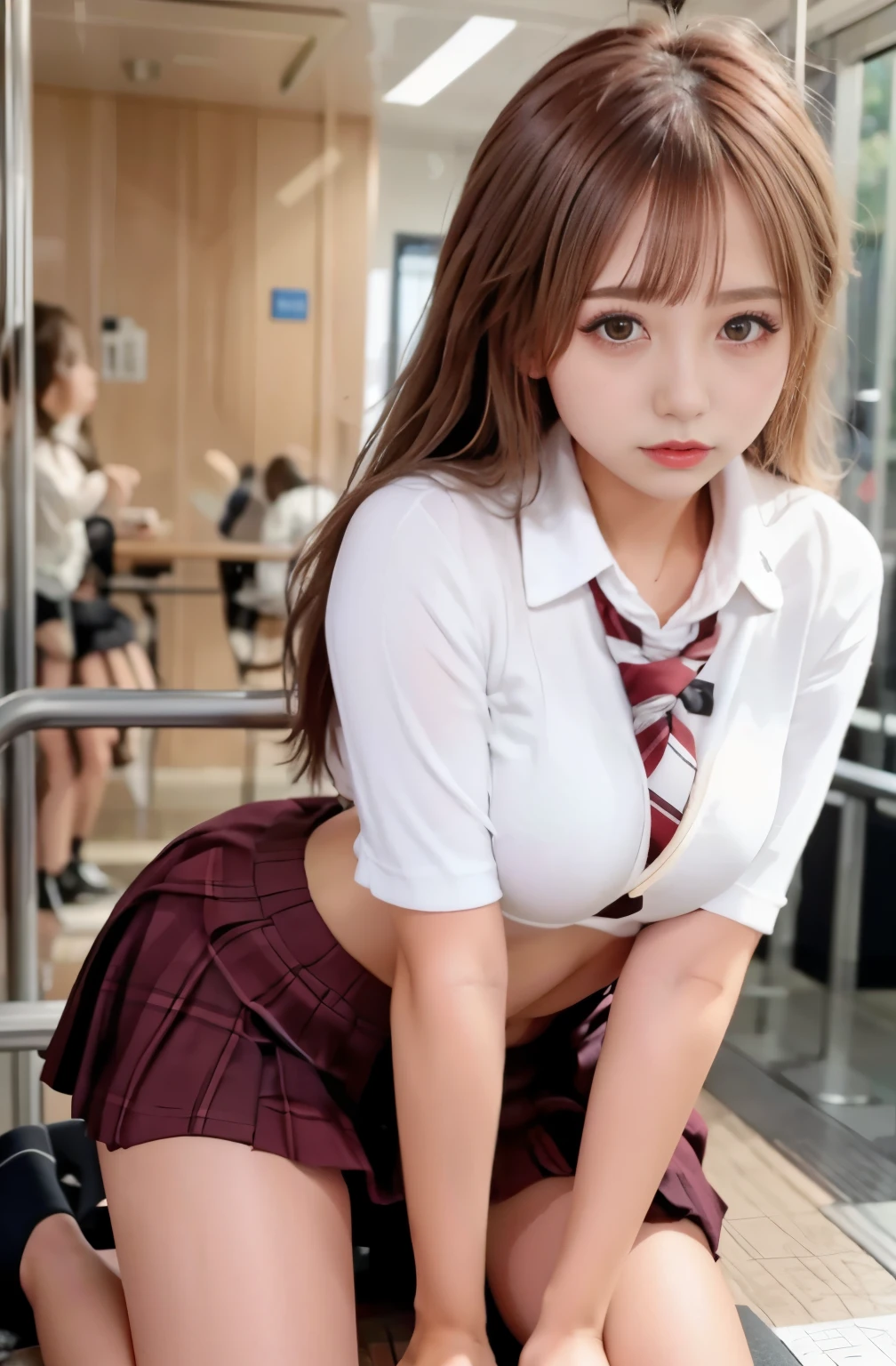 (best quality,4k,highres:1.2),ultra-detailed,realistic,portrait,studio lighting,vivid colors,bokeh,train interior,female high school student,groping incident,pleated skirt,beautiful girl,three people between,grabbing buttocks,touching buttocks on the train,mini skirt,upturned buttocks,fair skin,cute,shy,super beautiful people,topsy-turvy,she gets on all fours,thrusting her big buttocks towards the audience,looking at the audience,sexy silhouette