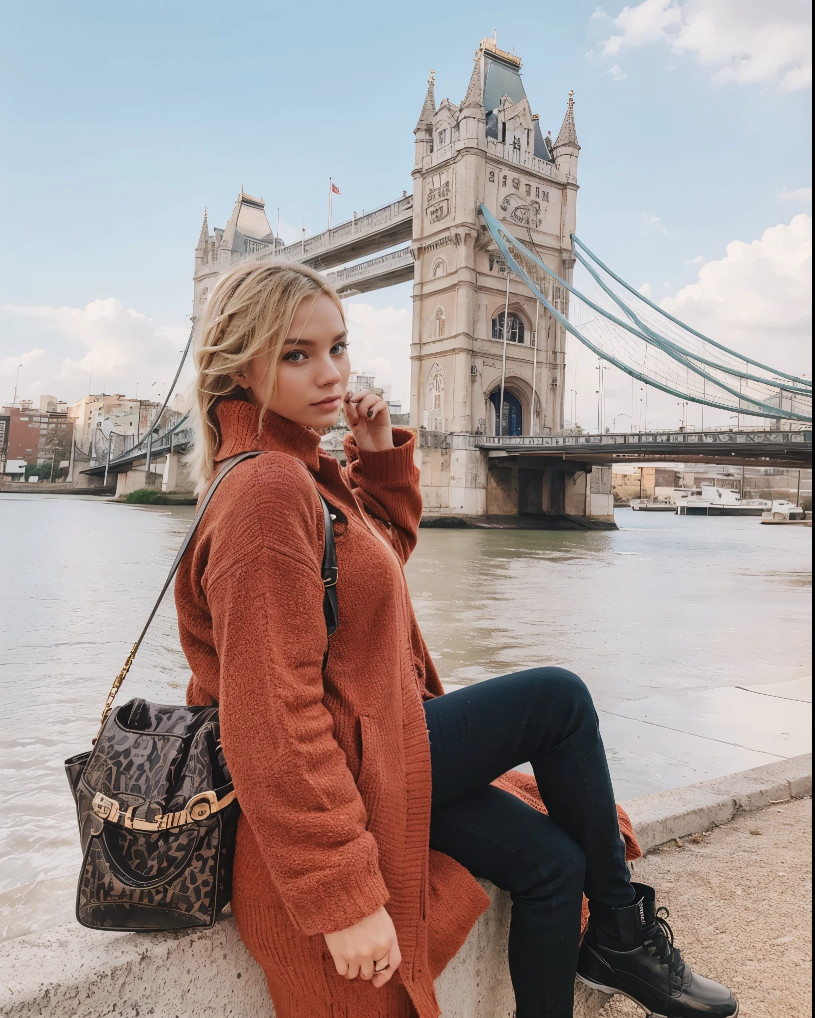 Make blonde Amanda in the same pose wearing an identical outfit in a setting exactly like the one in the photo, cabelo loiro