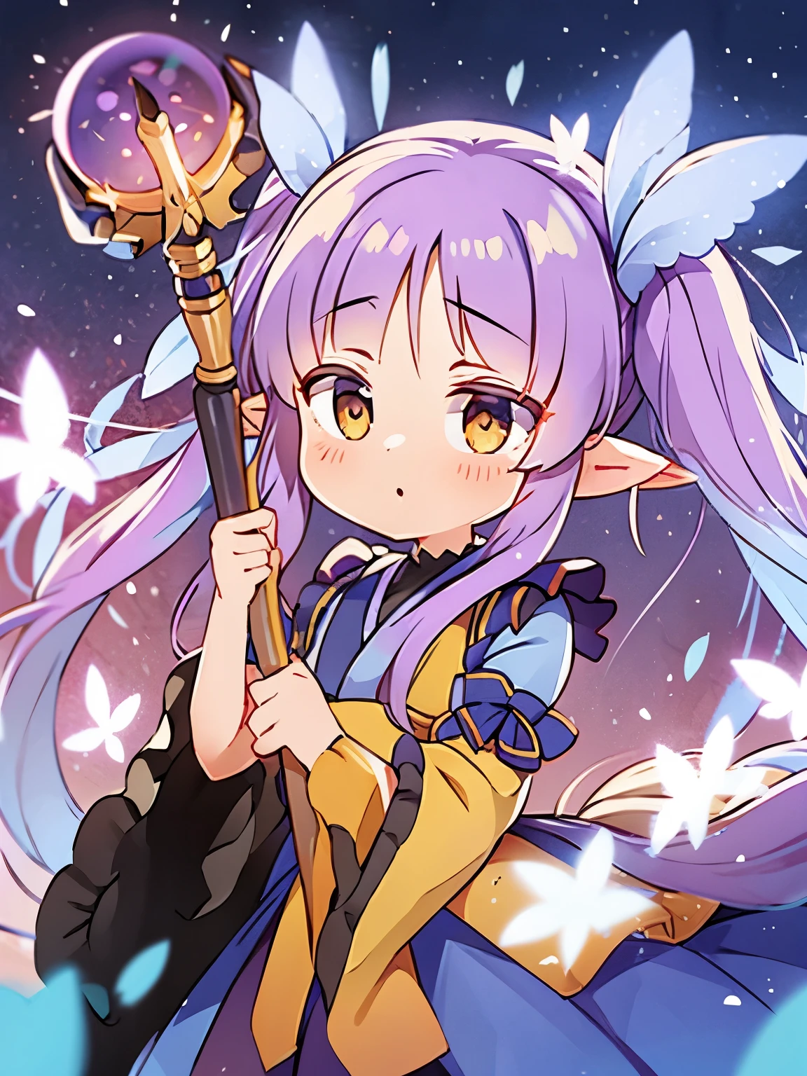 Light purple hair, Center-parted bangs, Big yellow eyes, Chibi,Pointy Ears,blue hair ornament,