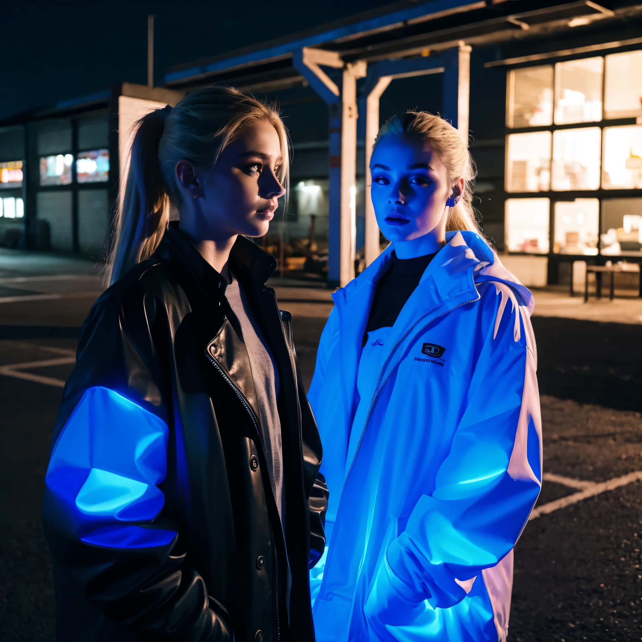 Landscape,Gothic Makeup,beautiful blonde,High ponytail,Black outerwear,night,In the garage,Blue light up