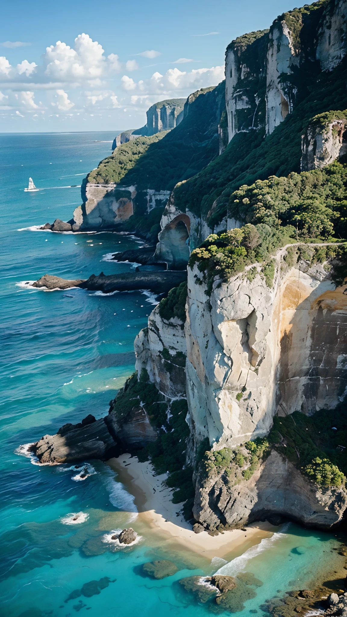Breathtaking views of secluded beach coves surrounded by towering cliffs and turquoise waters.