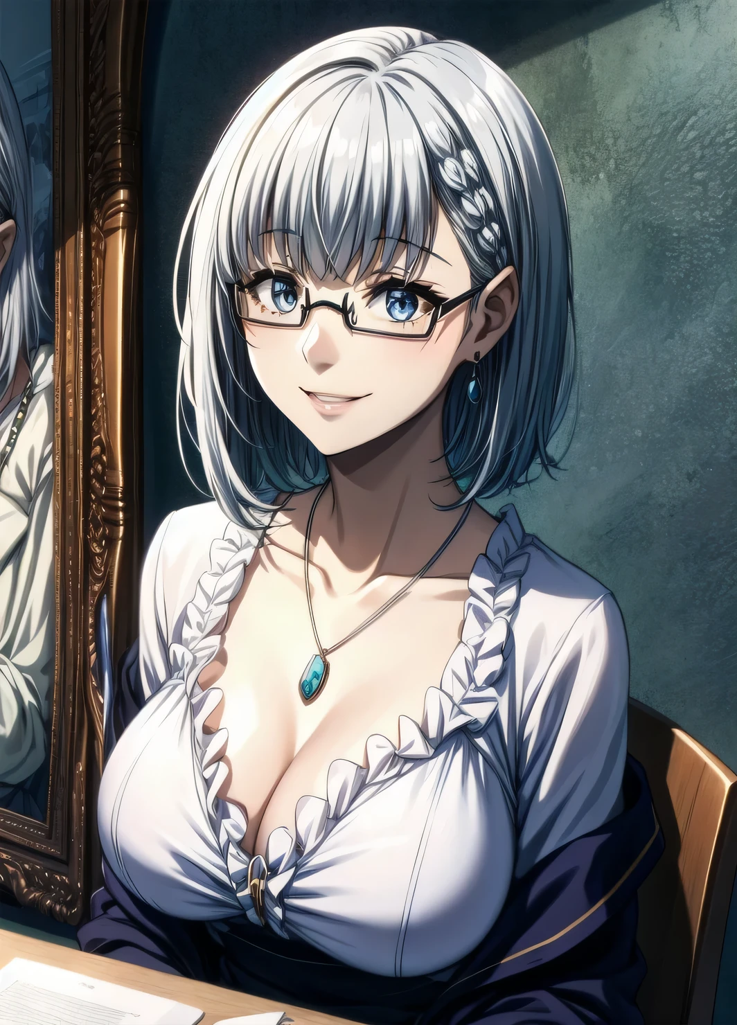 1girl, alternate_costume, bespectacled, closed_mouth, collarbone, glasses, jewelry, necklace, pendant, semi-rimless_eyewear, short_hair, silver_hair, smile, solo, under-rim_eyewear, upper_body, large breast