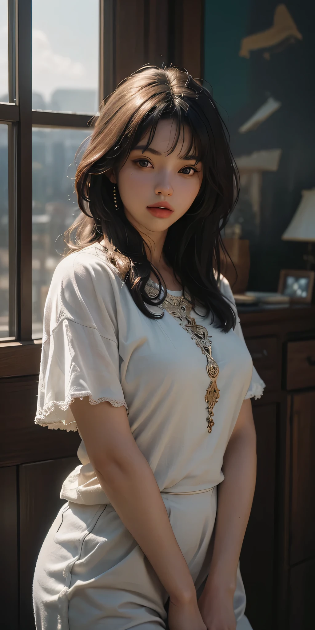 (RAW photo, 4k, masterpiece, high res, extremely intricate) (photorealistic:1.4), cinematic lighting
1girl, solo focus, summer noon, hot, 1990s \(style\),cowboy shot, indoors, photo real, realistic,