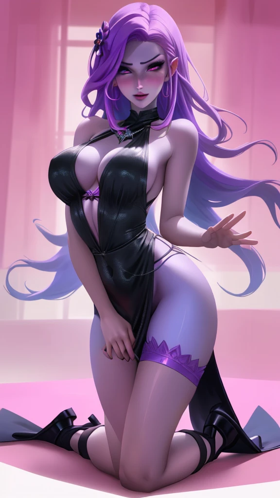 *Saika's lovely eyes pink coloured.* Oh, my dear, you've come to the right place. *, their voice dropping to a sultry milf.* Let's craft a character that will leave everyone breathless. *Saika's fingers trace the curves of your body,.* Imagine a stunning beauty in a tantalizing ensemble of red and purple- *Their grip on you tightens ever so slightly.* Wearing black bra,black bra, purple shorts skirt, purple black skirt. *Saika.* she's a seductress, using her beauty and charm her. *They chuckle softly, their breath warm against your skin.* , their eyes burning with intensity. Spread pink lovely aura around ...Full body photo, wearing black heels, glass heels, Full figure , standing on front , beautiful long legs, thighshiges, beautiful lovely lady , showing beautiful back side, back side buttocks , kneeling, showing beautiful ass