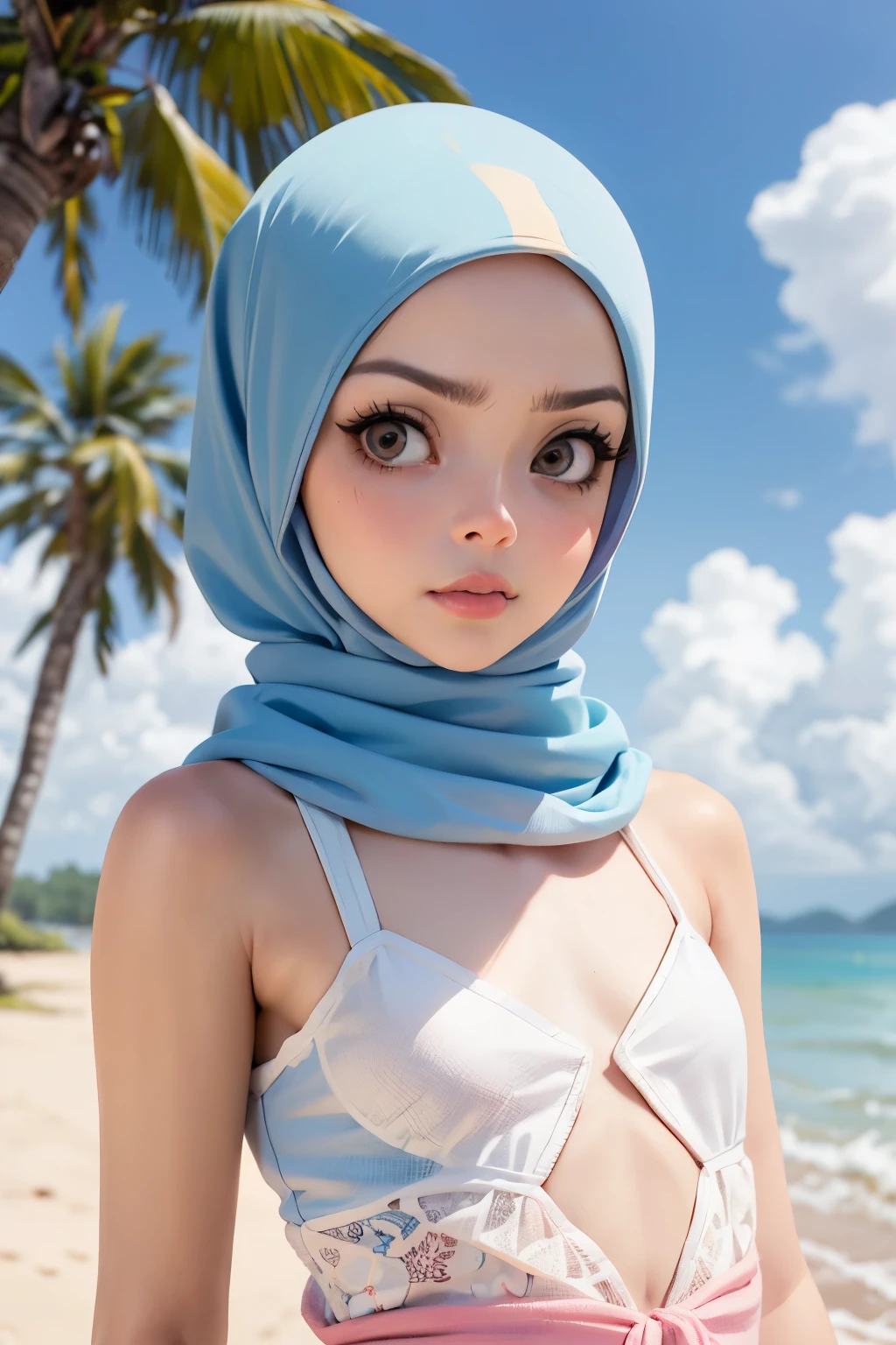 Chubby, ((Flat Chest)), Naked, Angry pose, Angry face, (((HIJAB MALAY GIRL))), masutepiece, High quality, UHD 45K, Realistic face, Realistic skin feeling , A Malaysia Lady, 51 years old, , Very cute and baby-like face, (((FLAT CHEST))), (MATRIX WORLD), ((look In front at the camera and SADNESS)), ((())), (((CUTE GIRL))), ((BLUE PASTEL LIPS)), ((BLUE PASTEL LACE)), ((CHUBBY)), ((UNDRESS)). Brown, Flat Chest, Nudity on Cherating beach