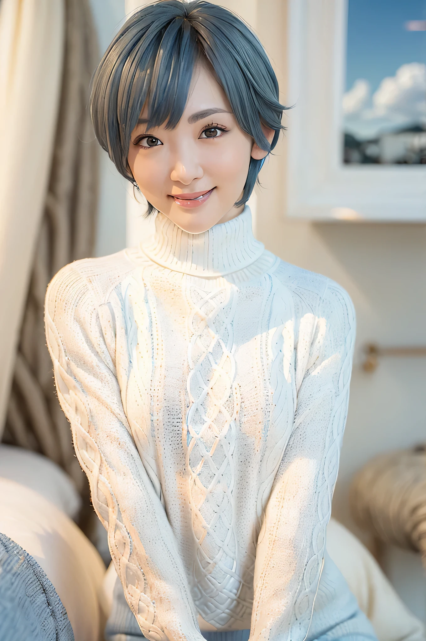 full body, (turtleneck cable knit tight sweater dress:1.2), wool, 1girl,solo,
(8k, RAW photo, best quality, masterpiece:1.3),(realistic, photo-realistic:1.37),realistic skin texture,(photorealistic:1.3),(hyperrealistic:1.2), (short hair:1.4) , leaning forward, (white colored clothes:1.7), (sky-blue hair:1.4), (seducting smile:1.4)