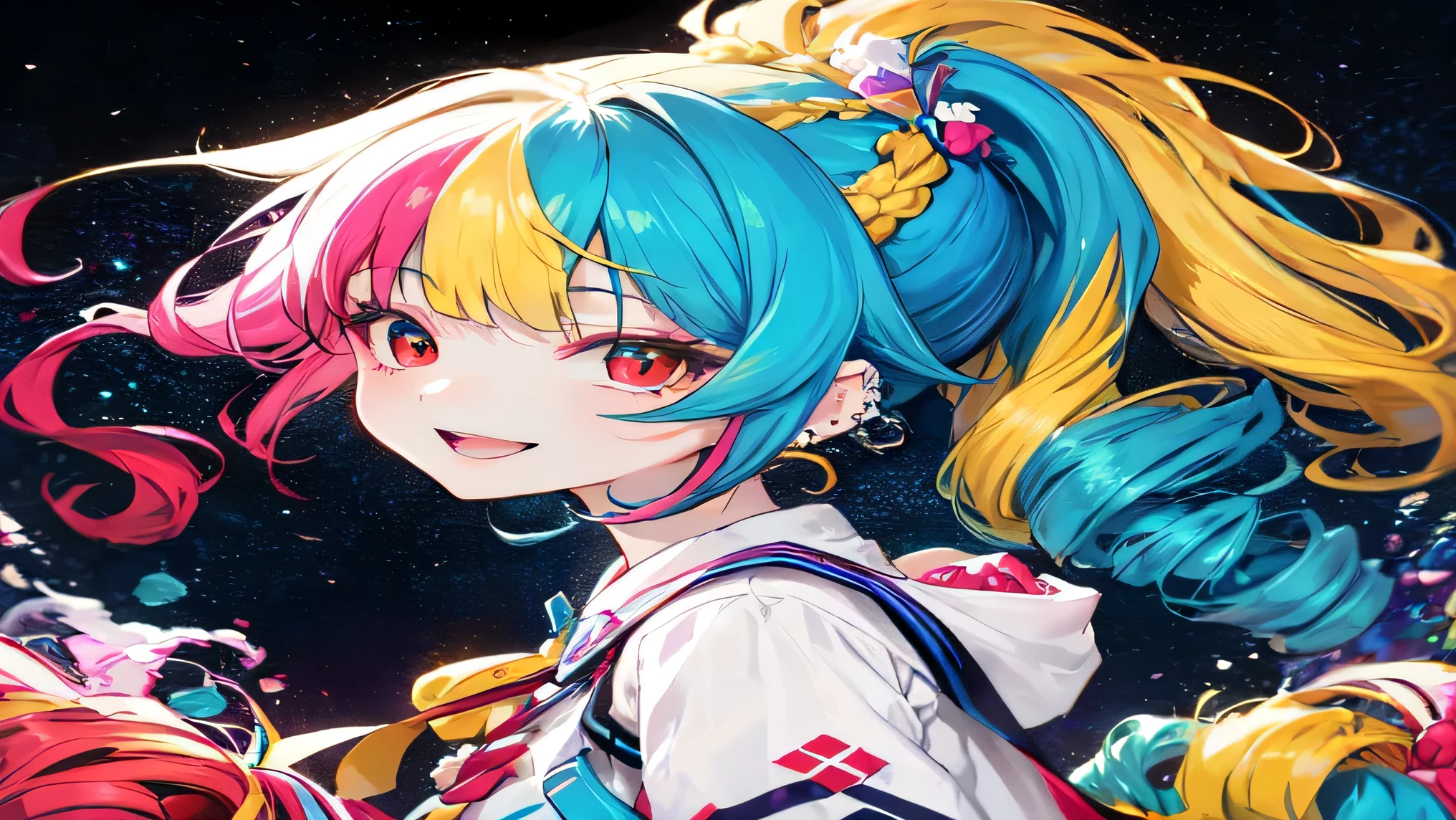 From the side,alone,(ponytail:1.2),Drill Hair,Both sides up,Afro,Dreadlocks,Hime cut,Twin tails,Braiding,(Hair Bun:0.7),(wavy multicolor hair:1.2),(You can smoke anywhere:1.4),smile,Open your mouth,Earrings