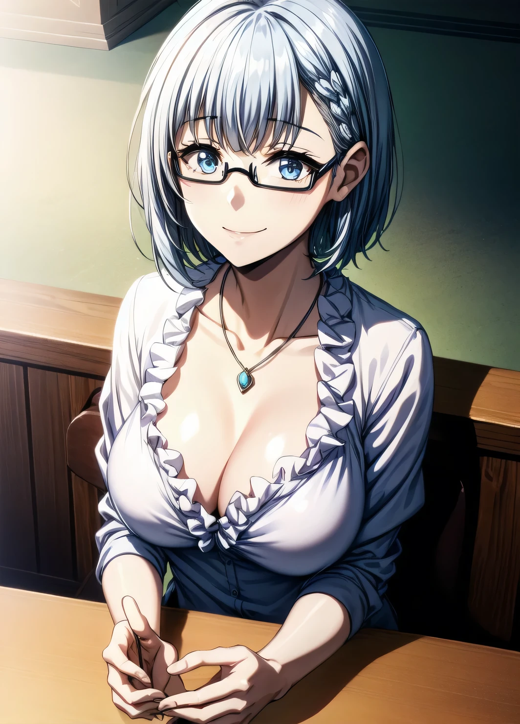 1girl, alternate_costume, bespectacled, closed_mouth, collarbone, glasses, jewelry, necklace, pendant, semi-rimless_eyewear, short_hair, silver_hair, smile, solo, under-rim_eyewear, upper_body, large breast