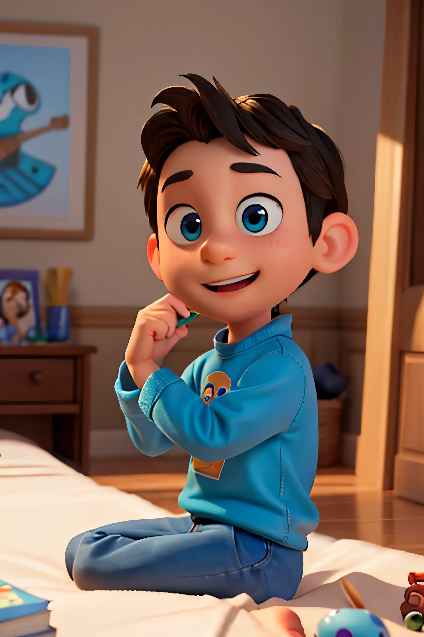 There's a boy sitting on the bed holding a book, a small realistic bird siting infront of him, pixarman rendering, pixar retrato 8 k foto, pixar 2D rendering, bonito 2D render, painting digital adorable, pixar Arte 2D, design de personagem bonito pixar, pixar octan render, pixar 2 d animation style, renderizar na pixar, por pixar, personagem pixar bonito