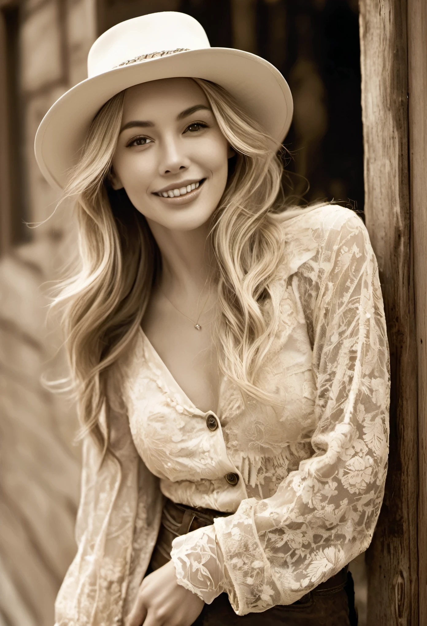 best quality, super fine, 16k, incredibly absurdres, extremely detailed, delicate, flashy and dynamic depiction, beautiful woman wearing western hat, excited look, blond messy hair, western fashion, superlative body proportion, western movie style townscape, leaning against the wall of a bar, tumbleweed, only background simple sepia color