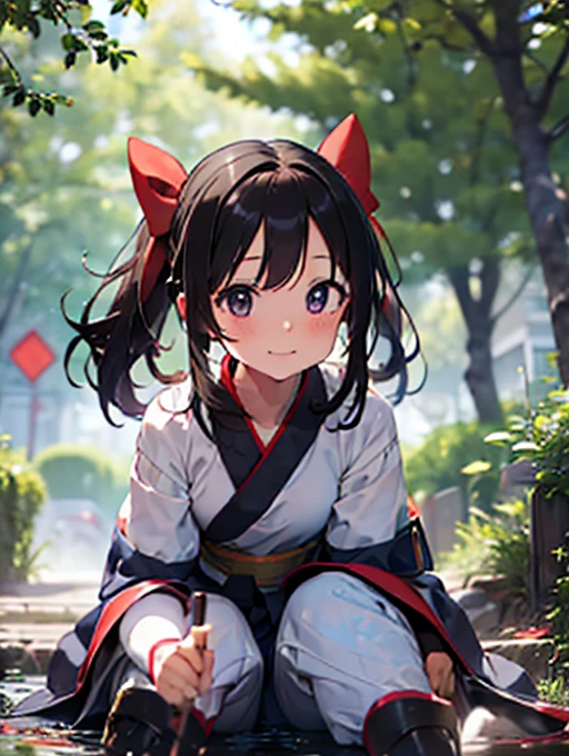 masterpiece, highest quality,One girl, alone, Stagnation, red bow, bow, Long Hair, hair bow, Ainu clothing, alone, hair band, Black Hair, fingerless gloves, Short sleeve, gloves, sash, bangs, red hair band, chest, Brown eyes, White pants, kimono, masterpiece, A light smile, (figure: 1.5), run towards the viewer