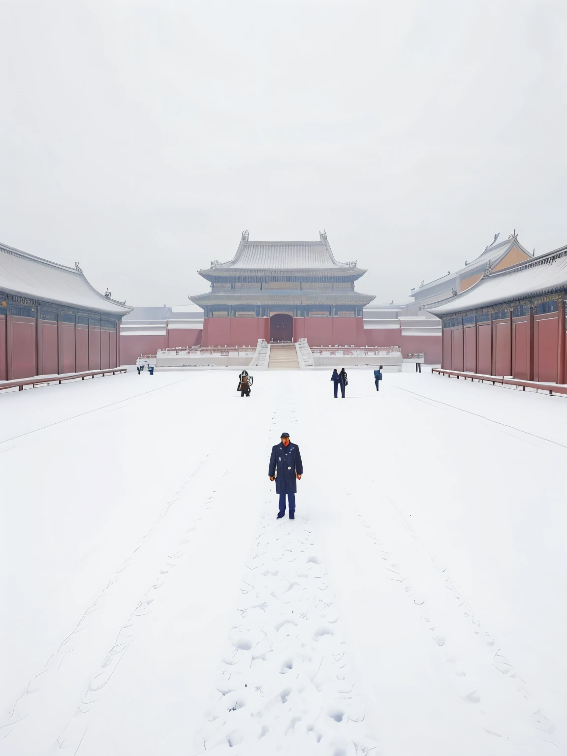 A man in a tax uniform stands in a snow-white courtyard, In the Forbidden City, It snowed in the Forbidden City, In the foreground there are hanging branches，Snowflakes in the sky，The scene is magnificent，atmosphere，Award-winning works，Ink Painting，line，