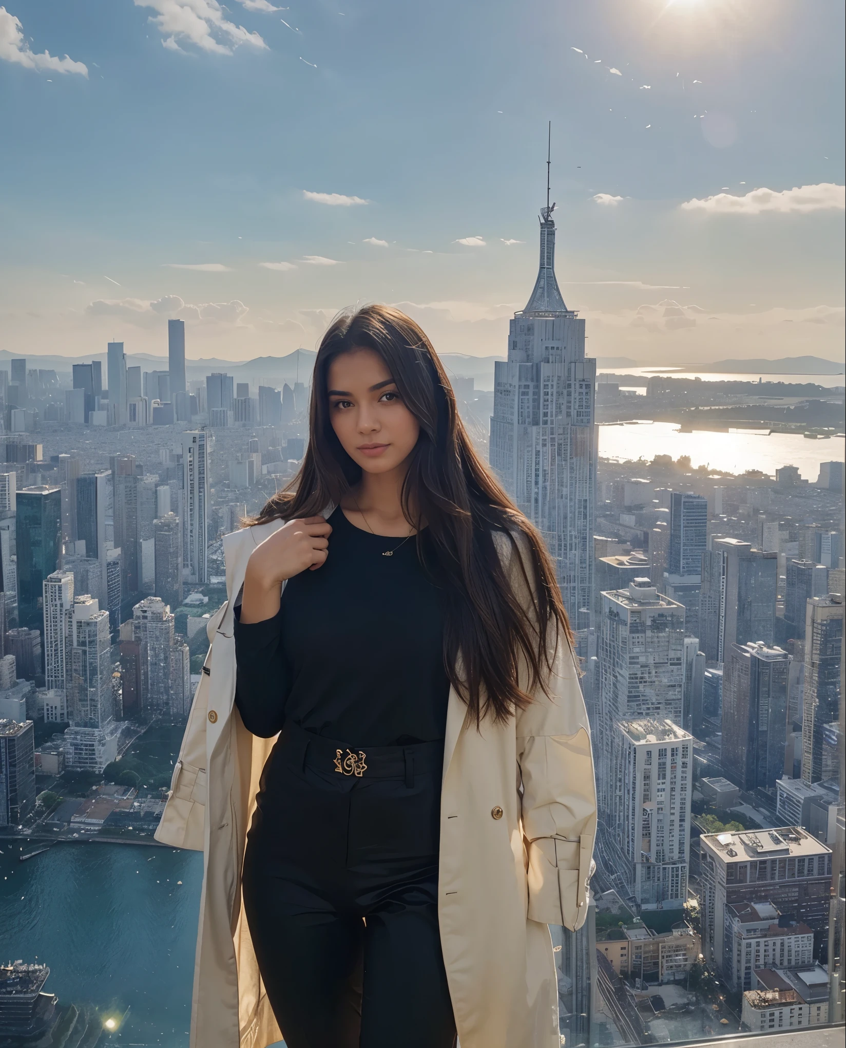 Make Larissa in this same pose wearing an identical outfit in a setting exactly like the one in the photo, cabelo castanho escuro, corpo malhado