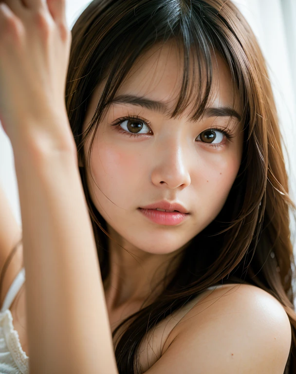 highest quality, Face Focus, Soft Light, Ultra-high resolution, (Realistic:1.4), RAW Photos,
1 Japanese girl, alone, cute, (pupil, Light in your eyes), Beautiful face in every detail, (),(High resolution detail of human skin texture),
(Long Hair)、Fluttering Hair、Raise your hands、Put your hands behind your head、
indoor,
topless,From below、
(Portraiture)
