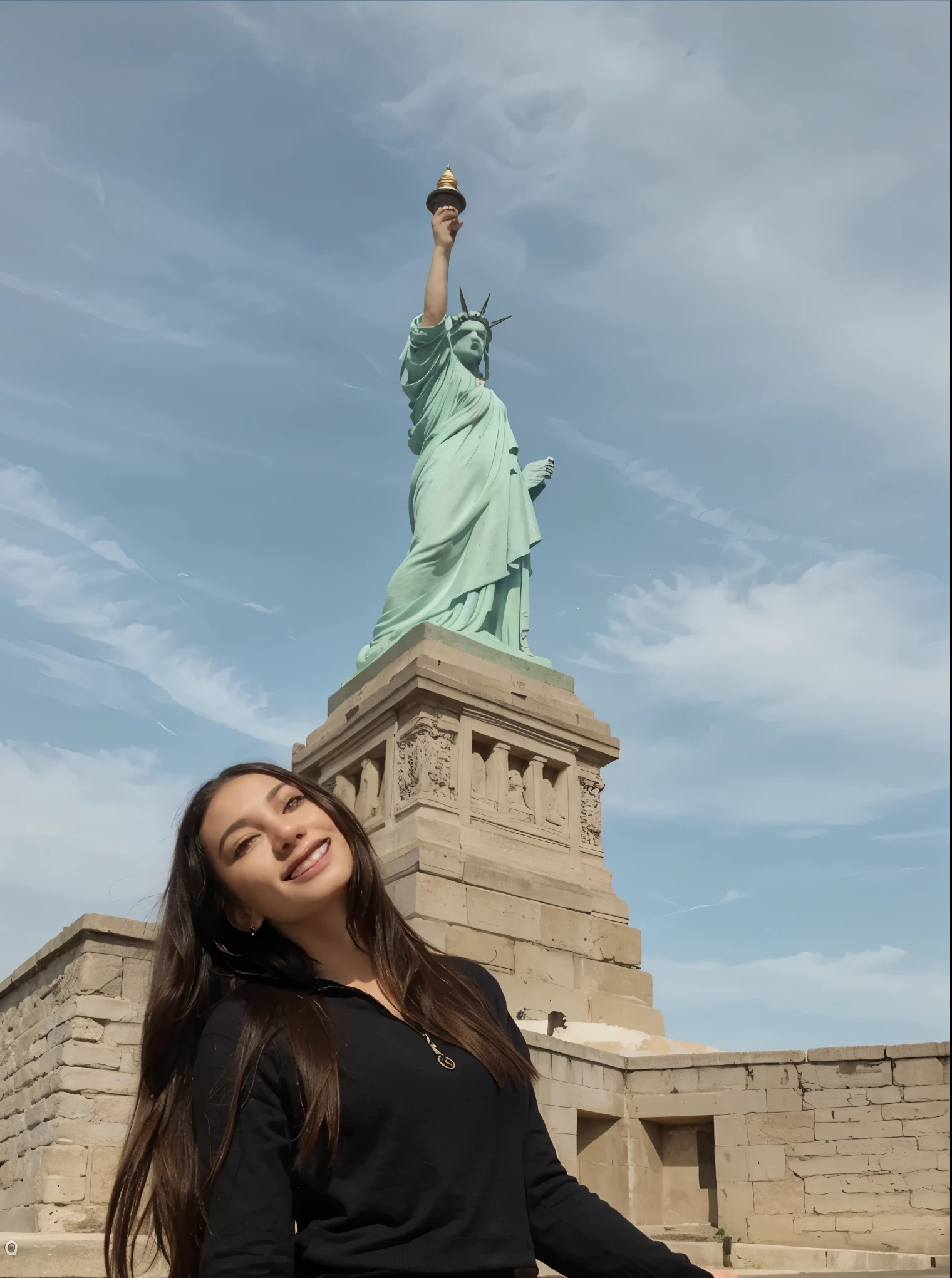 Table top、highest quality、High resolution、Eleonora Pavinato, 23yearsold, Younger portrait, look cute, cute pose, Beautiful busty girl, black long hair, cute pose, Casual Clothing, statue of Liberty, New York City, Reh