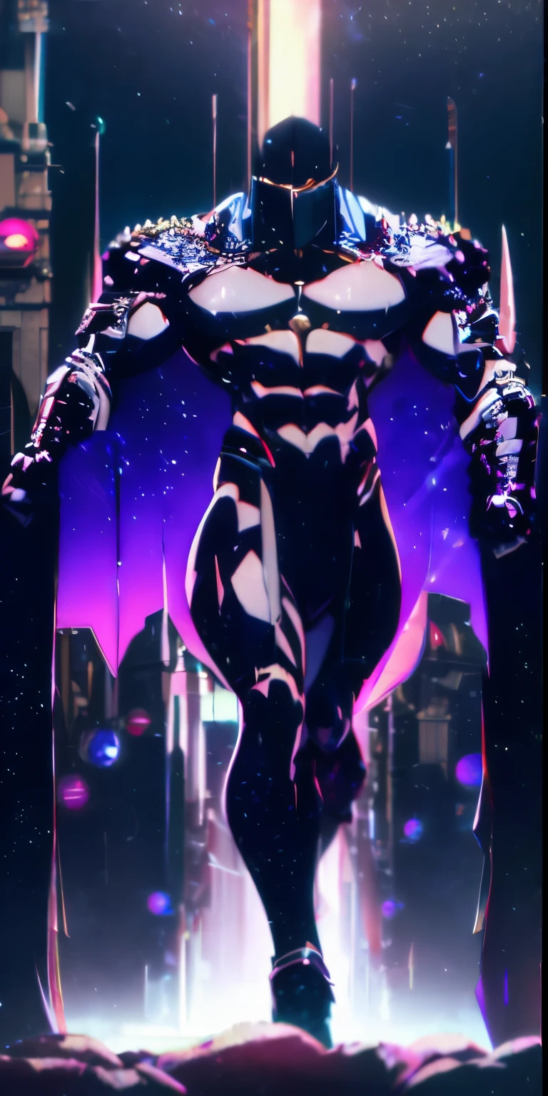I want you to create a God with all black cosmic Galaxy skin walking through a dark Temple with dreamlike fog. He is wearing a black cape. (Male), strong jawline, 10 pack abs, (black cosmic colored skin), (masculine body type).huge muscles, exaggerated muscles, mature man, muscle swelling, bodybuilding, chest muscles, abdominal muscles,